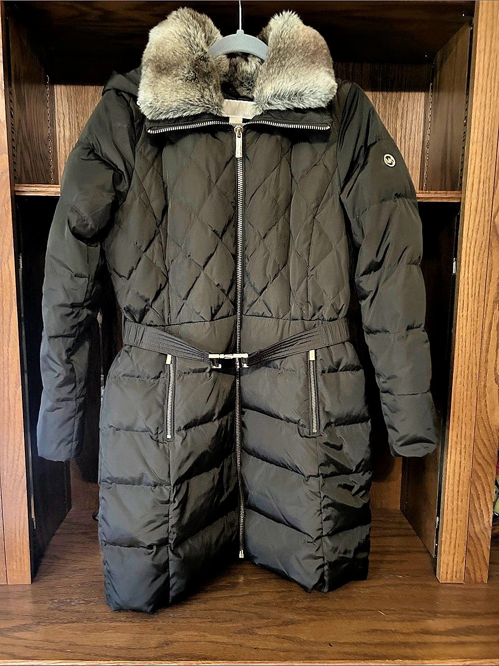 Michael Kors Faux Fur Trim Quilted Belted Puffer Coat chocolate brown Medium